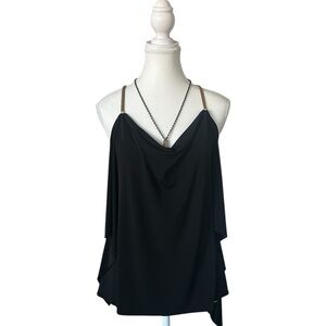 “Express” Black and Gold Asymmetrical Ruffle Tank Top